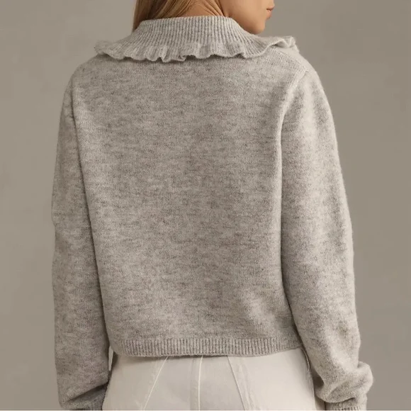 NWT Anthropologie Self Contrast Ainsley Ruffle Collar Cardigan Sweater Gray Boho - Picture 2 of 12
